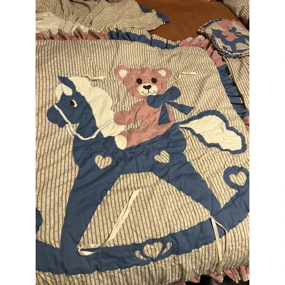 VTG Teddy Bear Rocking Horse Baby Crib Bedding Set Ruffle Trim Complete Hearts